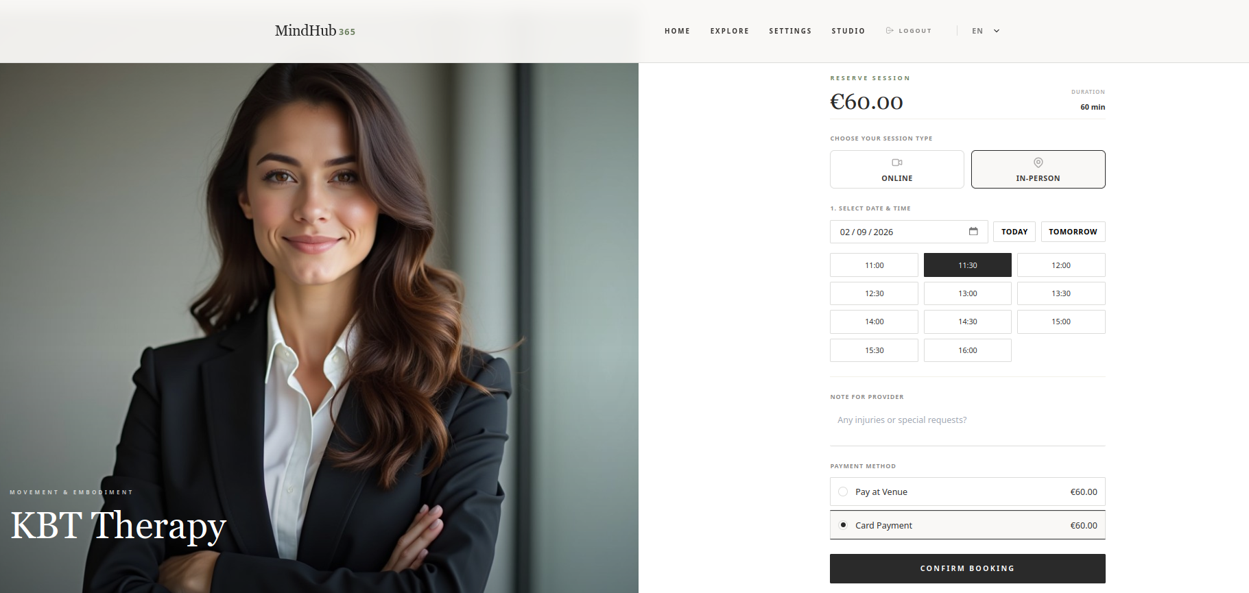 MindHub365 client booking interface